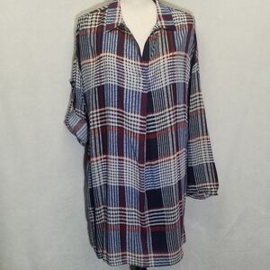 Umgee Small Dress Mini/Tunic Plaid Roll Tab Sleeve Oversized Preppy Bohemian